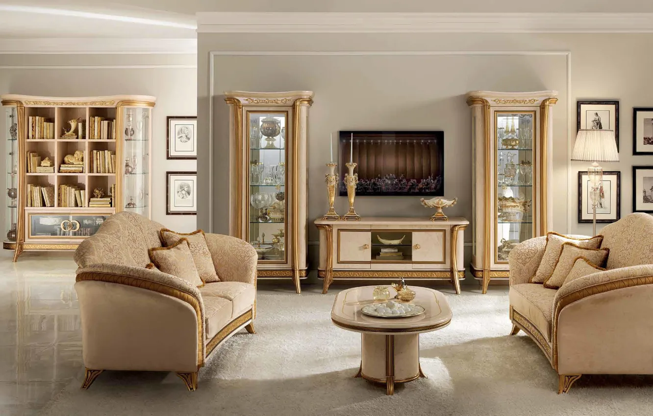 Photo wallpaper furniture, interior, picture, chair, chandelier, table, living room, luxury. gold
