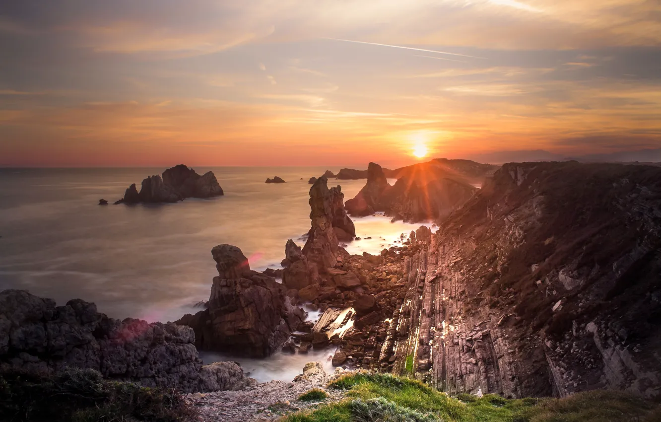 Photo wallpaper sea, the sky, the sun, clouds, rays, landscape, sunset, nature