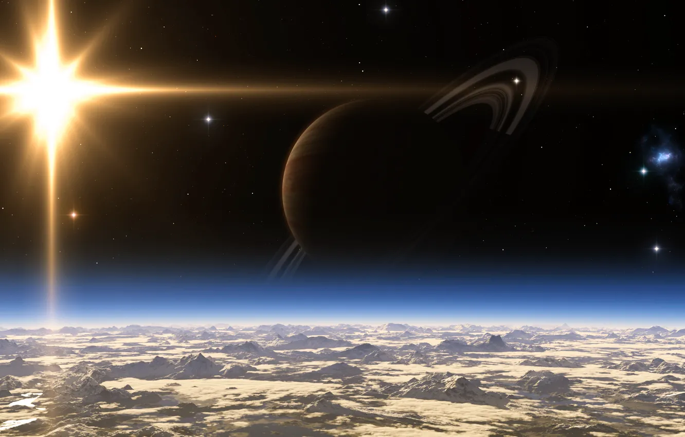 Photo wallpaper space, stars, landscape, planet, ring, relief