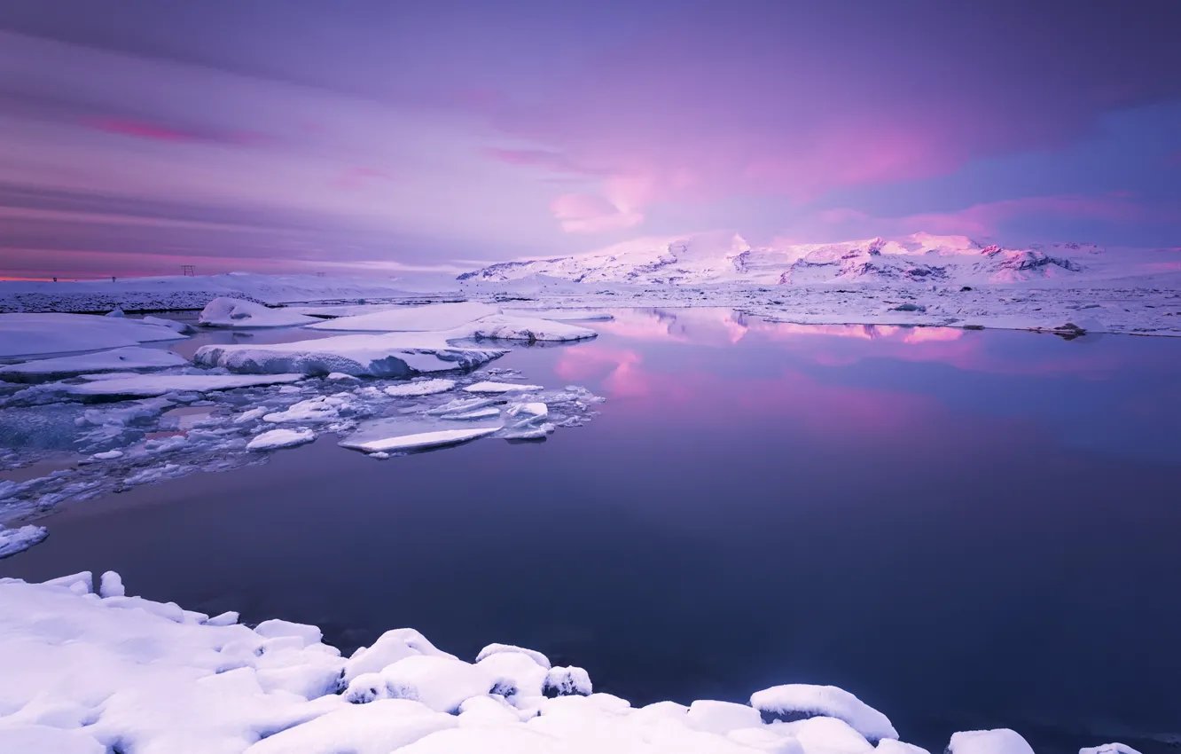 Photo wallpaper Light, Clouds, Sky, Purple, Landscape, Snow, View, Nice