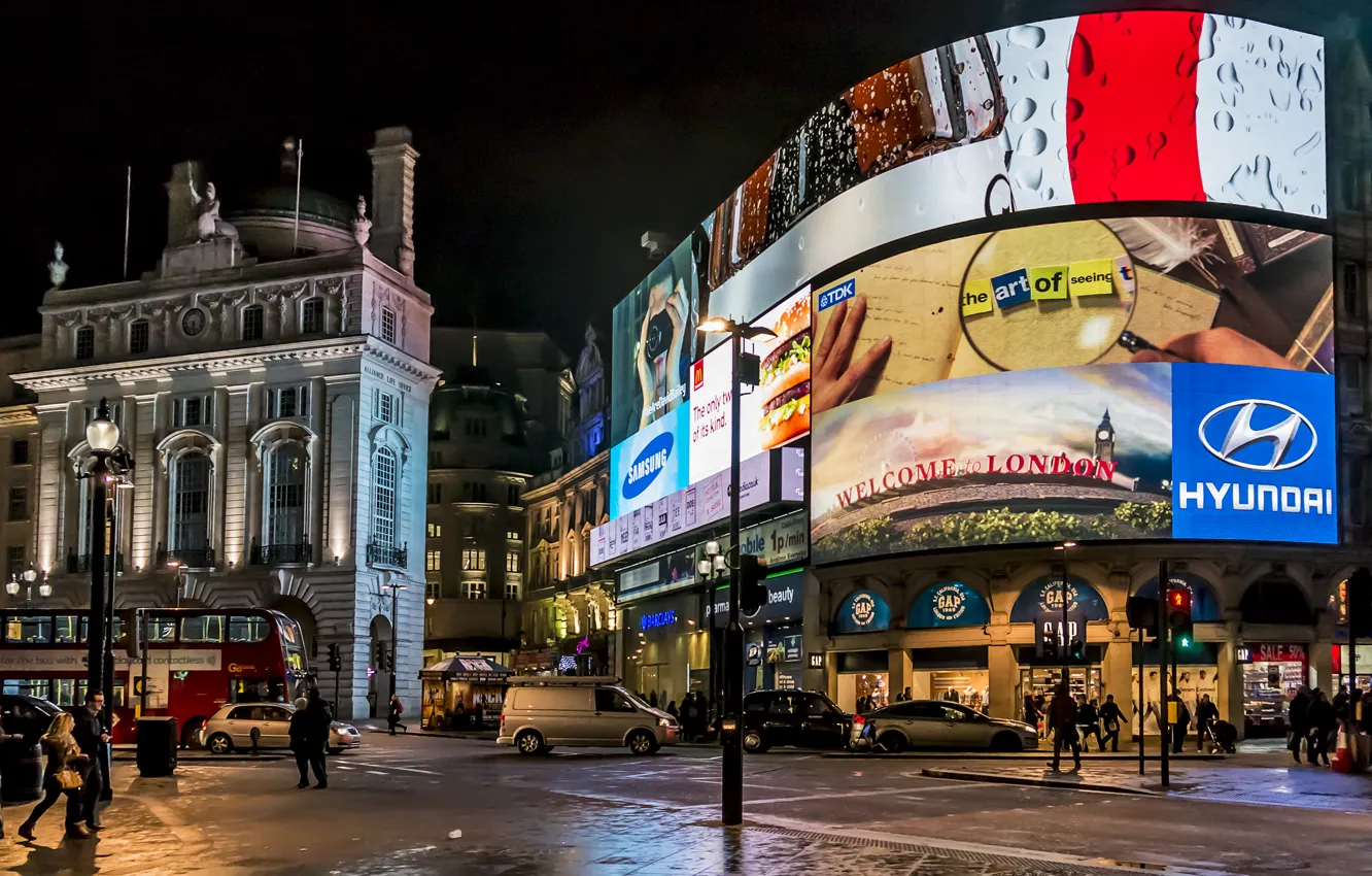 Photo wallpaper night, city, the city, street, London, signs, Britain, UK