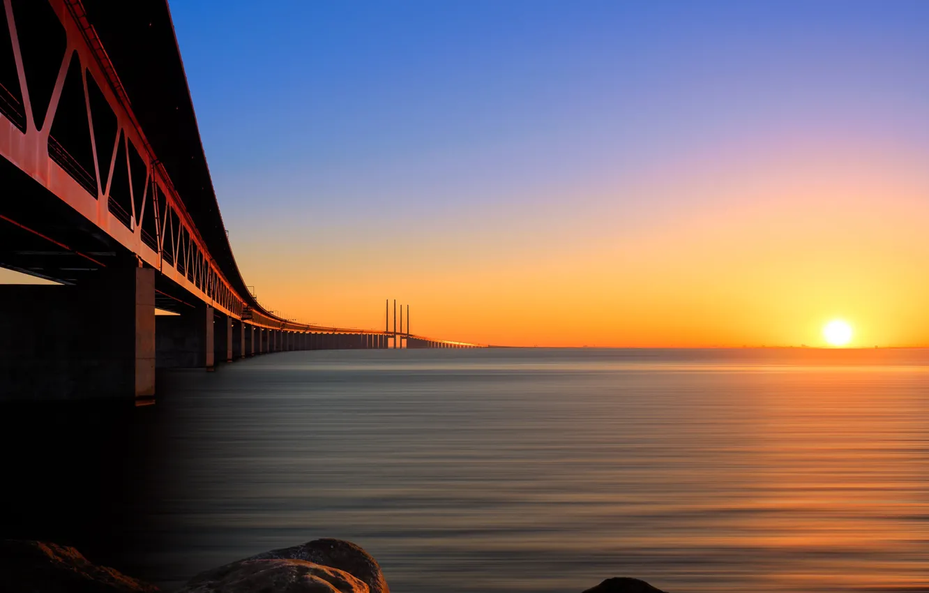 Photo wallpaper the sun, sunset, bridge, Strait, Sweden, Malmo