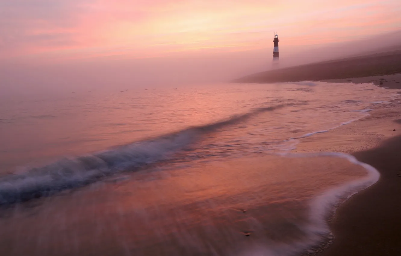 Photo wallpaper sea, night, fog, shore, lighthouse