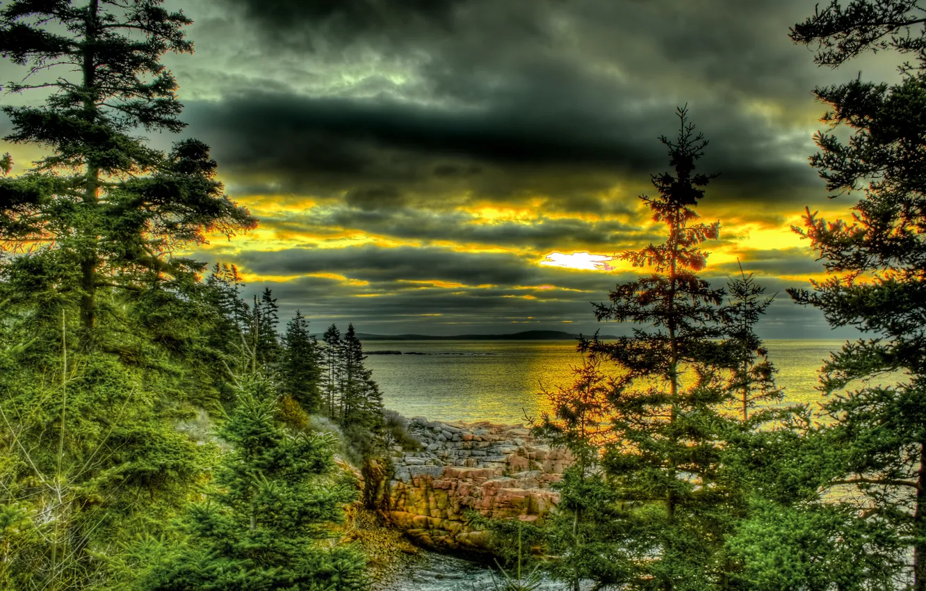 Photo wallpaper the sky, trees, clouds, lake, the evening, hdr