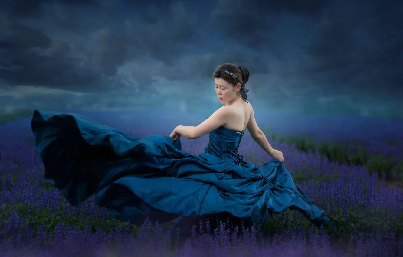 Photo wallpaper field, the sky, girl, flowers, clouds, nature, pose, style