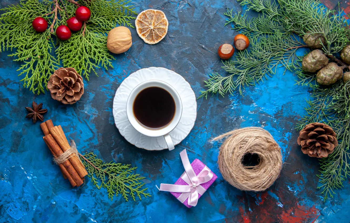 Photo wallpaper branches, tangle, gift, coffee, Christmas, mug, Cup, New year