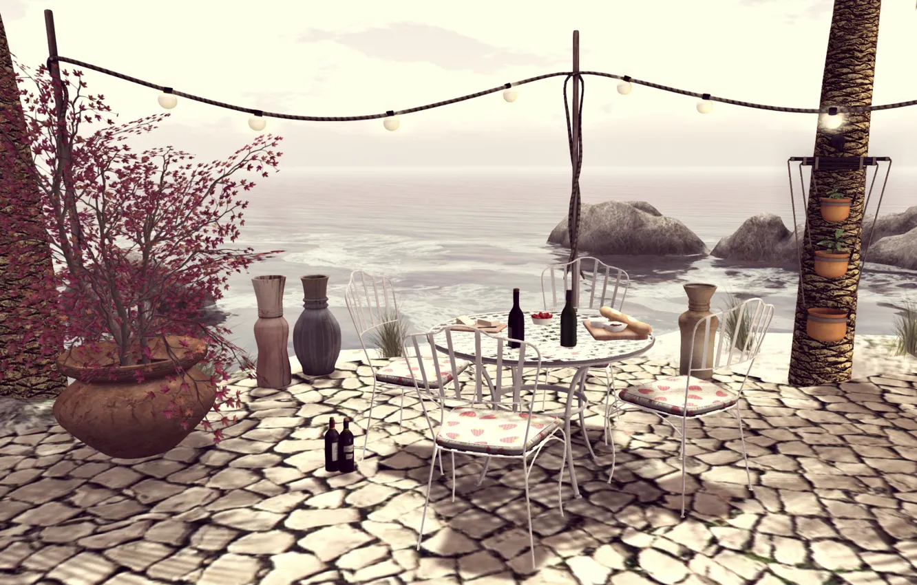 Photo wallpaper the ocean, wine, table, terrace