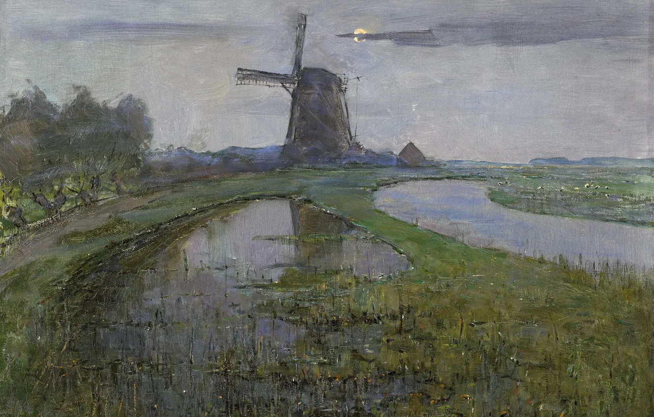 Photo wallpaper landscape, oil, picture, canvas, Mill in the Moonlight, Pieter Cornelis Mondrian