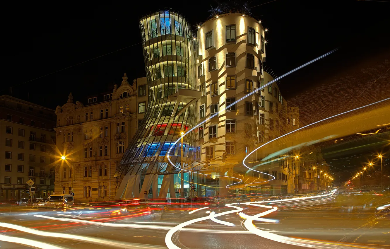 Photo wallpaper night, lights, Prague, Czech Republic, the dancing house