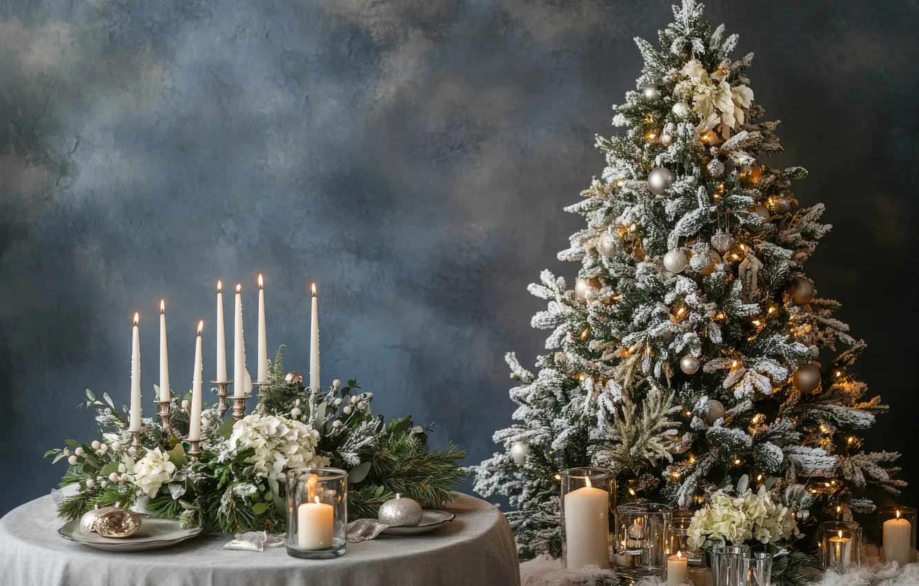 Photo wallpaper frost, balls, branches, table, wall, new year, candles, Christmas