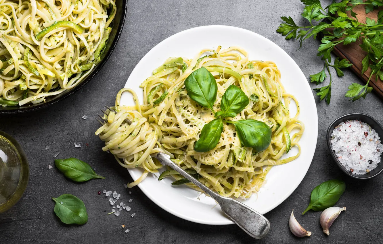 Photo wallpaper spaghetti, sauce, parsley, garlic, salt, pasta, Basil