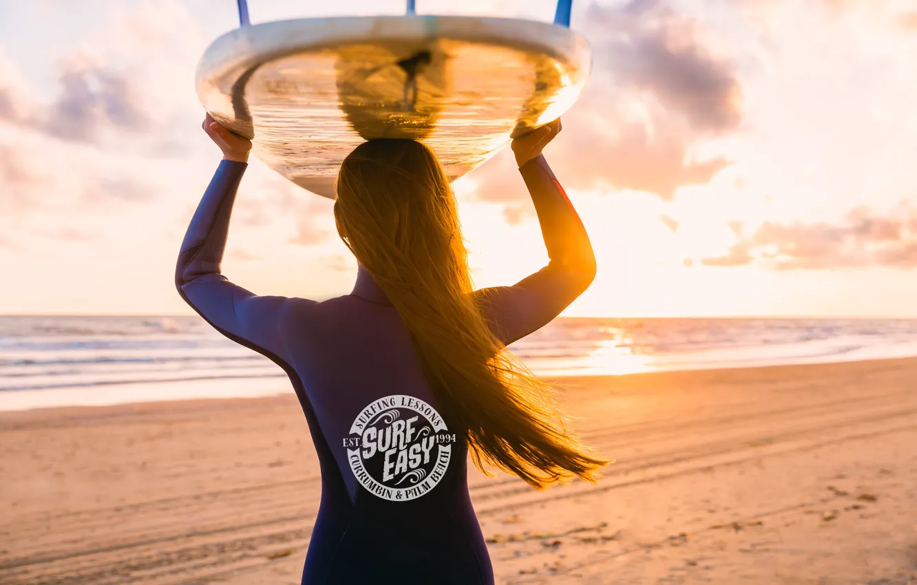 Photo wallpaper girl, sunset, surf