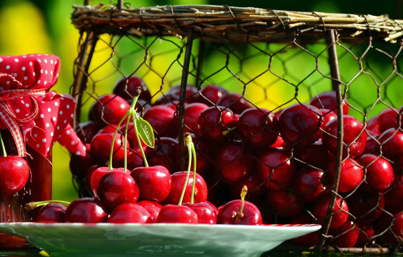 Photo wallpaper cherry, berries, plate, Bank, basket, jam
