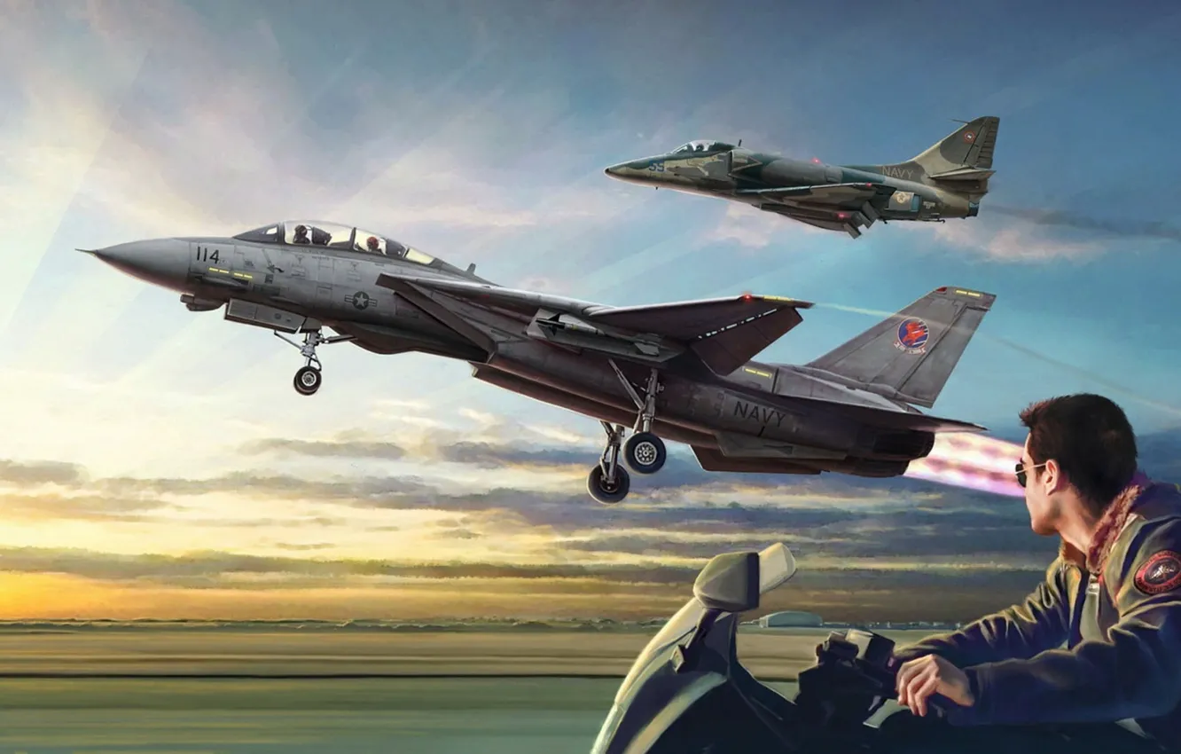 Photo wallpaper USA, attack, fighter-interceptor, deck, multi-role fighter, US NAVY, Gianluca Capaldo, Top Gun F-14A vs A-4F