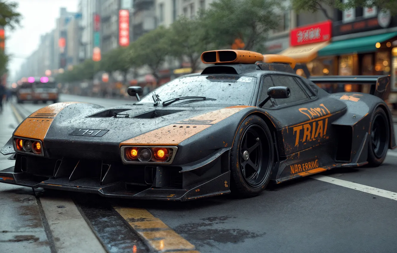 Photo wallpaper the city, street, home, digital art, digital art, sports car, artificial intelligence, Stability AI