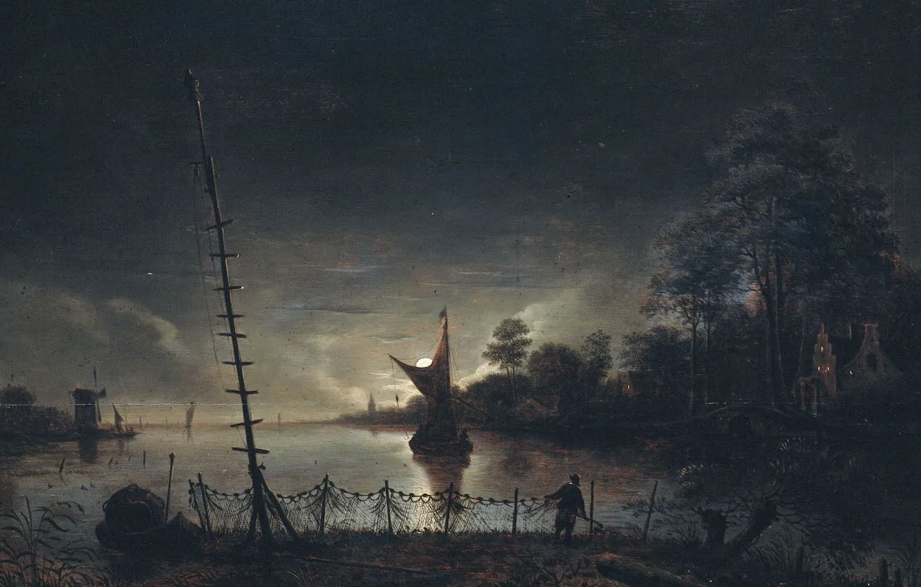 Photo wallpaper night, boat, picture, sail, Anton van Borssum, Landscape in the Moonlight