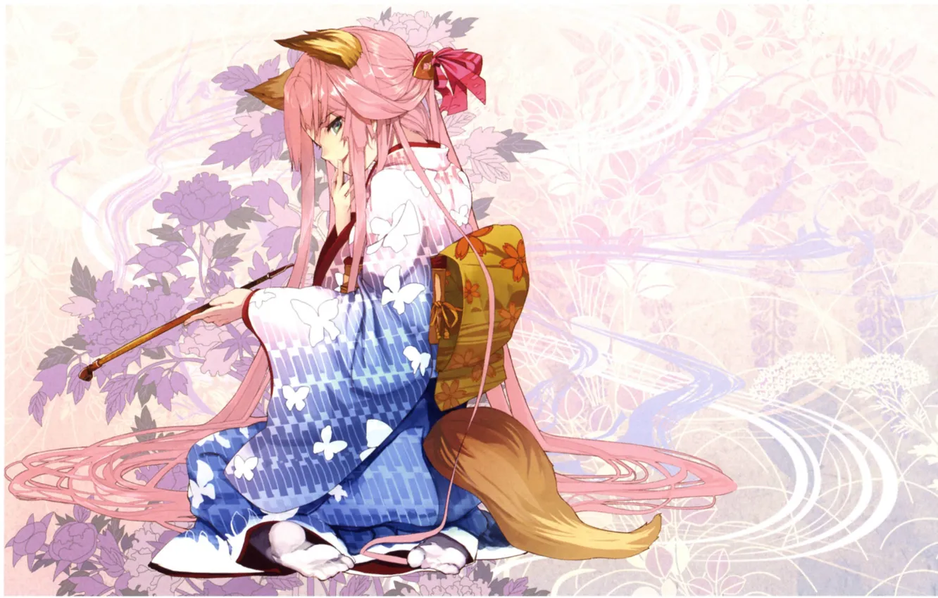Photo wallpaper flowers, pattern, girl, tail, kimono, sitting, ears, art
