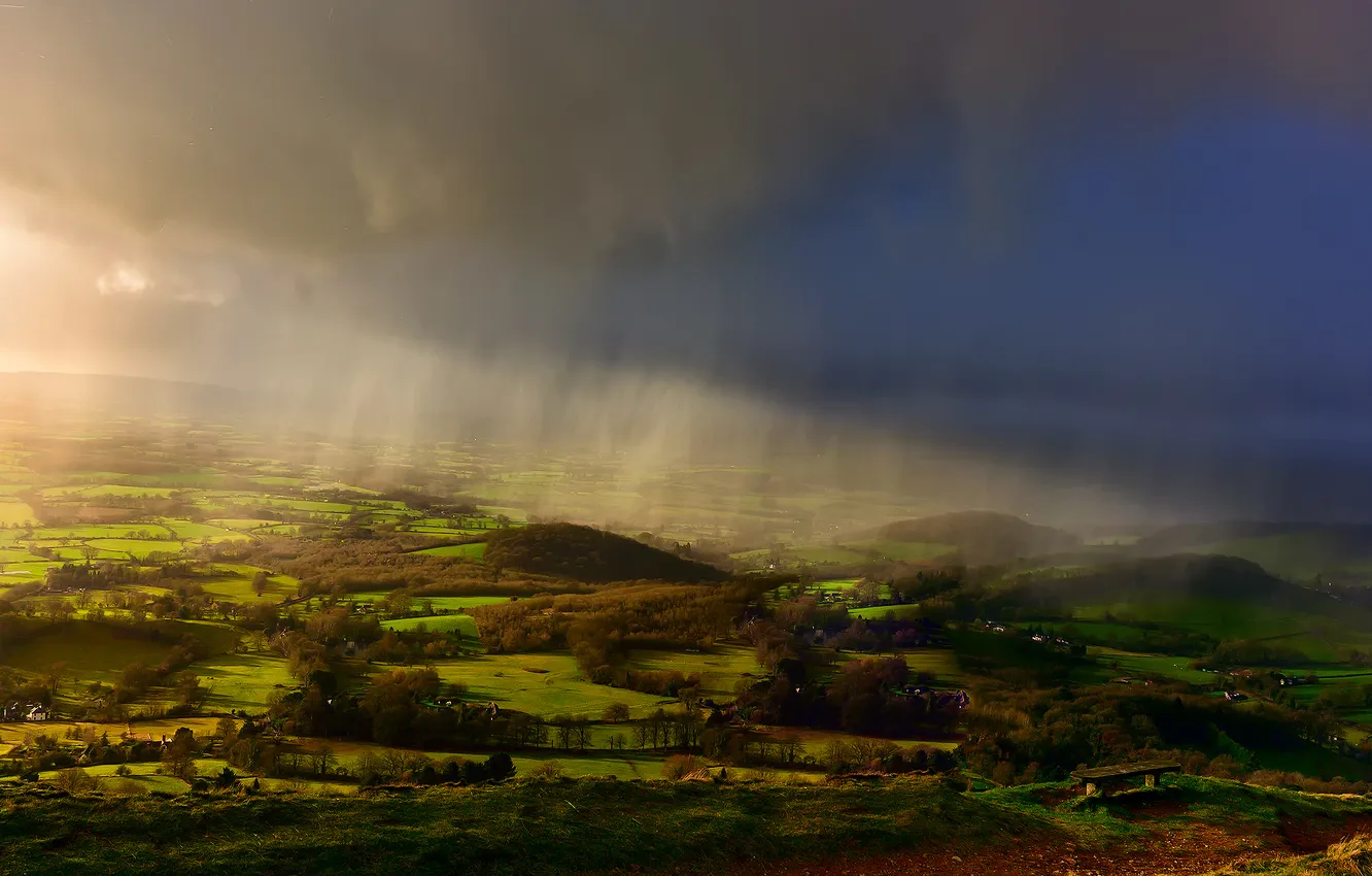 Photo wallpaper field, the sky, light, clouds, rain, England, valley, UK