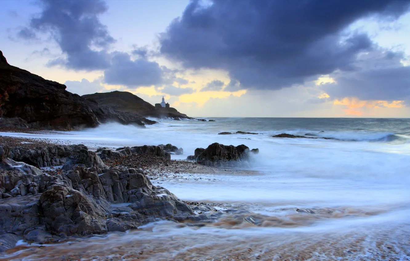 Photo wallpaper sea, rocks, lighthouse, Wales, the County of Glamorgan, Gower