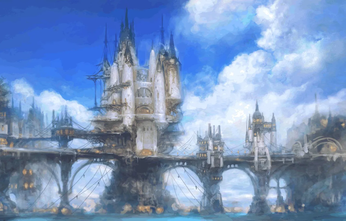 Photo wallpaper the sky, clouds, bridge, castle, the ocean, art, Limsa Lominsa