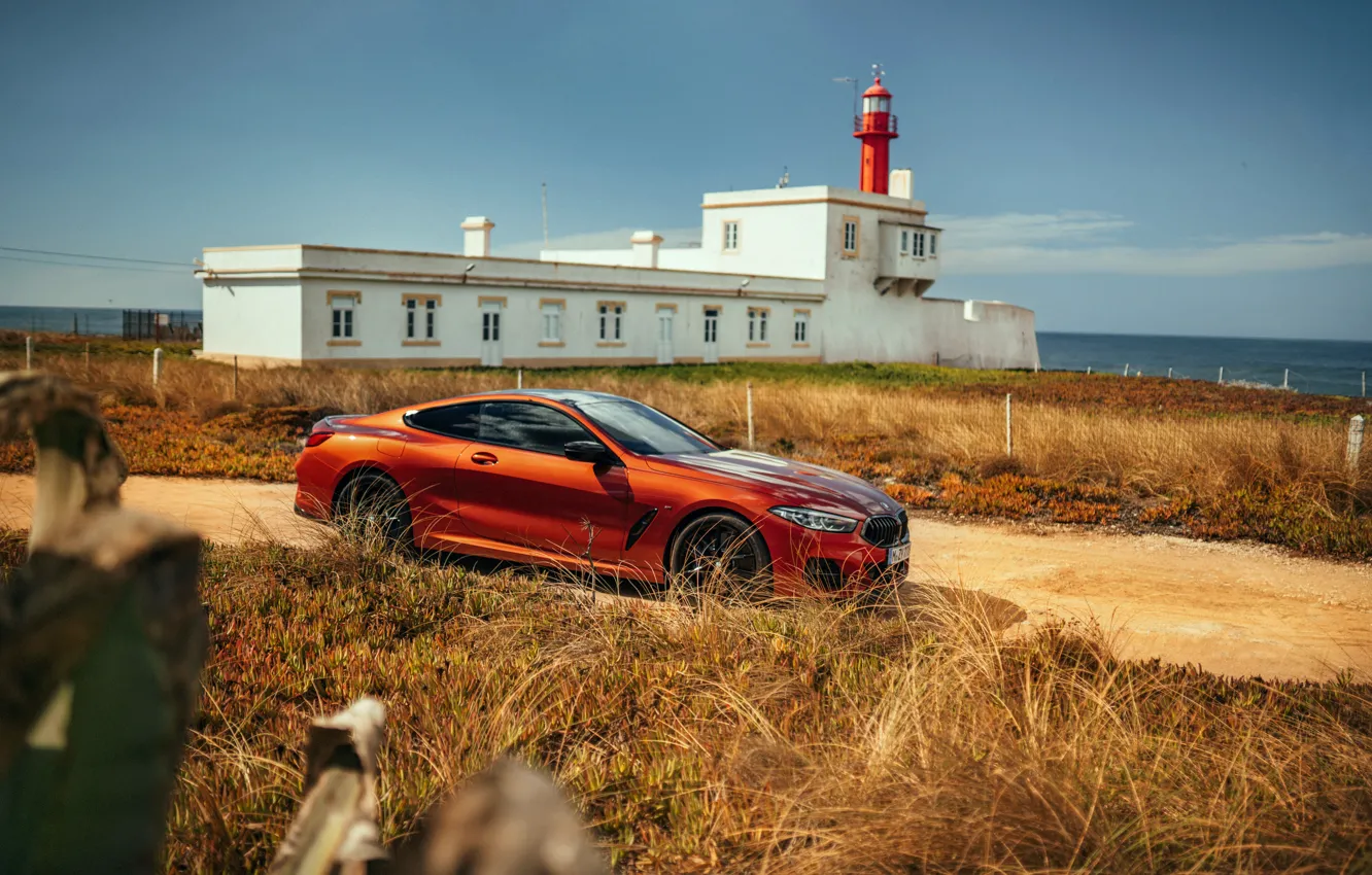 Photo wallpaper coast, the building, coupe, BMW, Coupe, 2018, 8-Series, dark orange