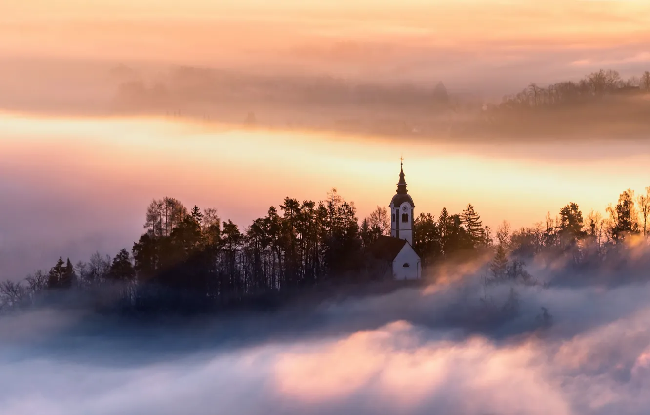 Photo wallpaper tower, sunset, fog, church