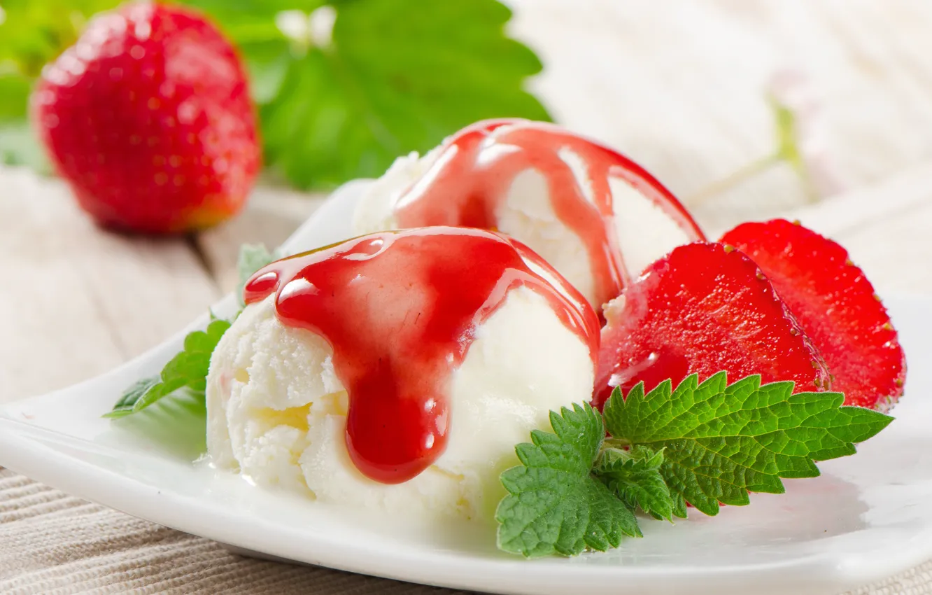 Photo wallpaper strawberry, ice cream, dessert, mint leaves