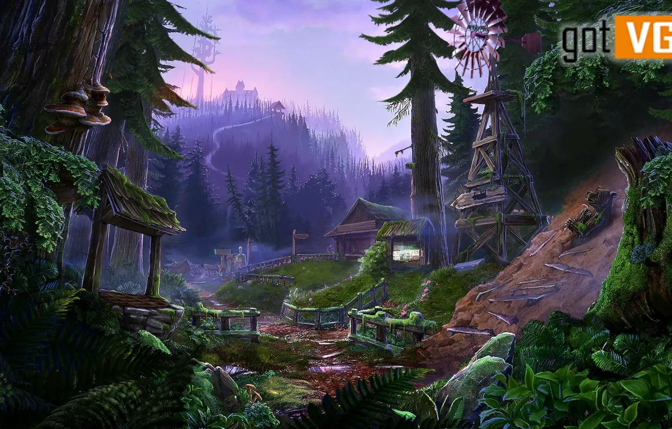 Photo wallpaper forest, mountains, settlement, The Mists of Ravenwood, Enigmatis 2