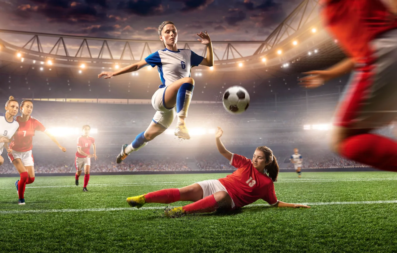 Photo wallpaper girl, football, the ball, stadium, Women's football, Tackle