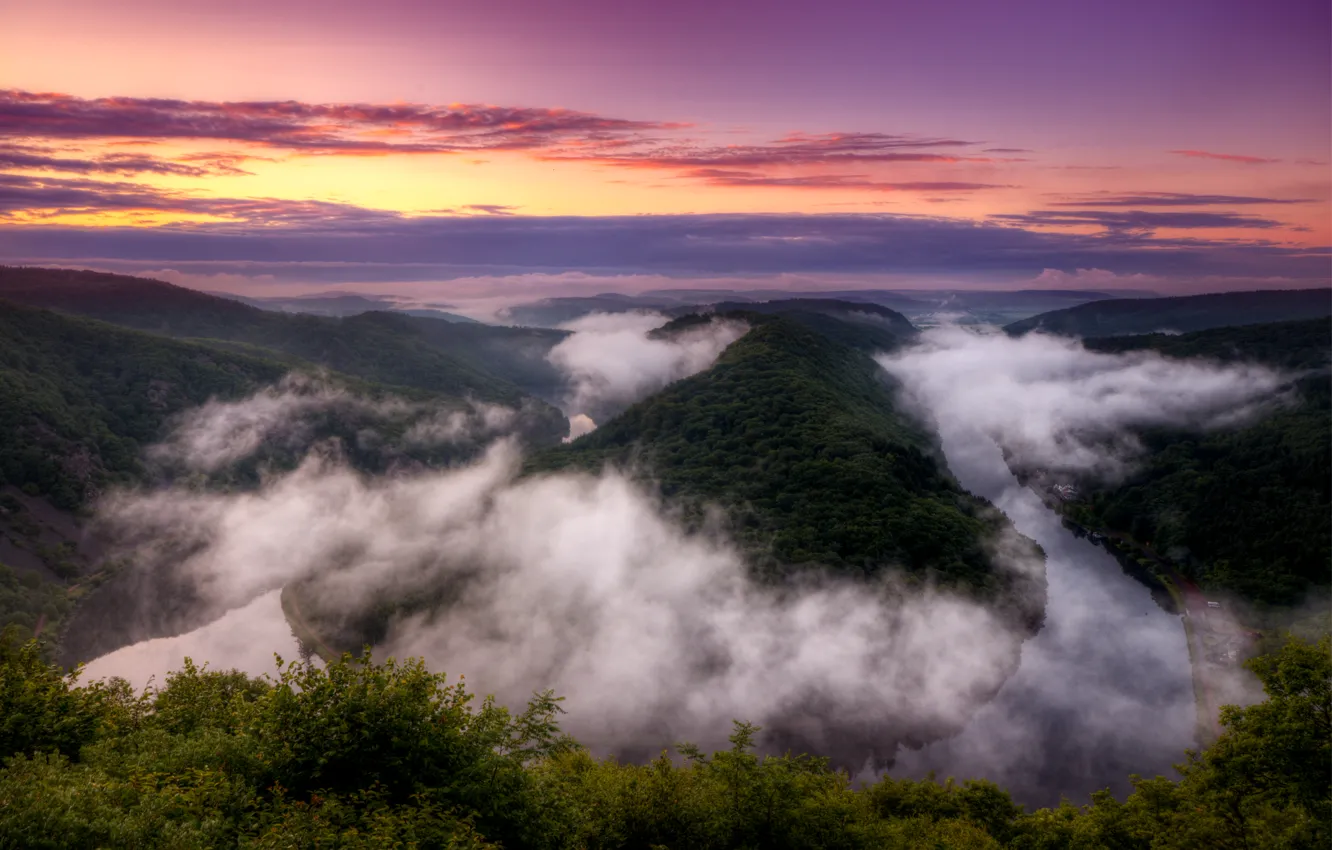 Photo wallpaper the sky, clouds, sunset, orange, bright, river, view, height