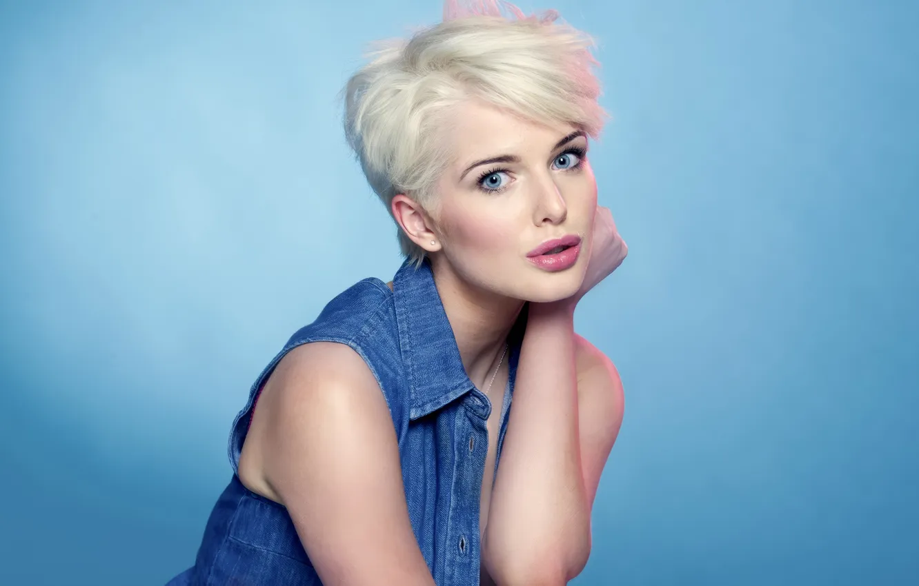 Photo wallpaper girl, blue eyes, short hair, lips, look, blonde, actress, make-up