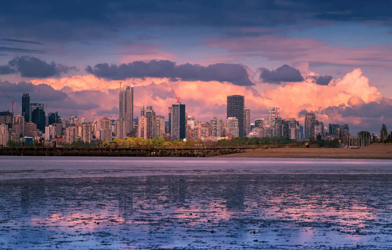 Photo wallpaper the sky, clouds, light, sunset, bridge, the city, lights, shore