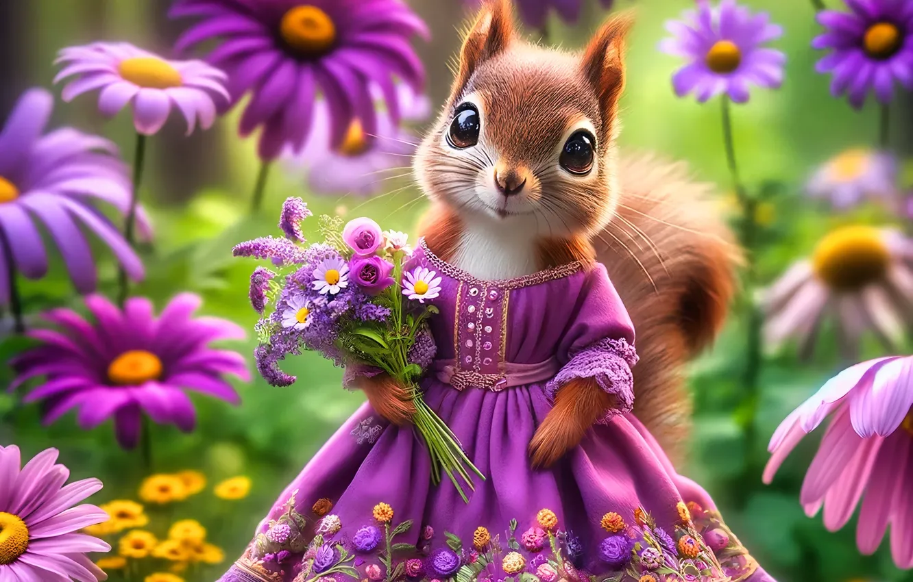 Photo wallpaper flowers, dress, protein, girl, cartoon, squirrel, AI art, neural network
