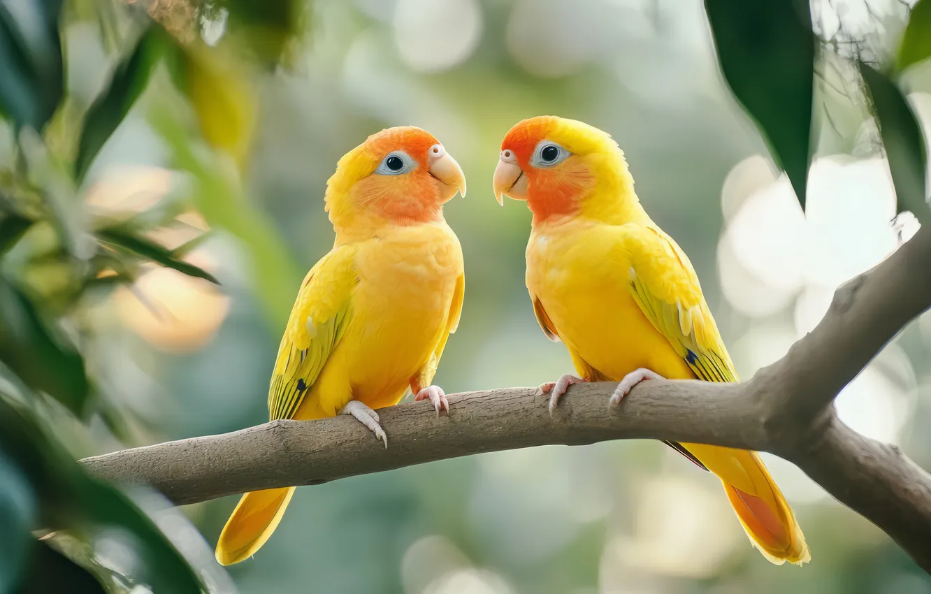 Photo wallpaper look, leaves, trees, branches, yellow, nature, bird, parrot