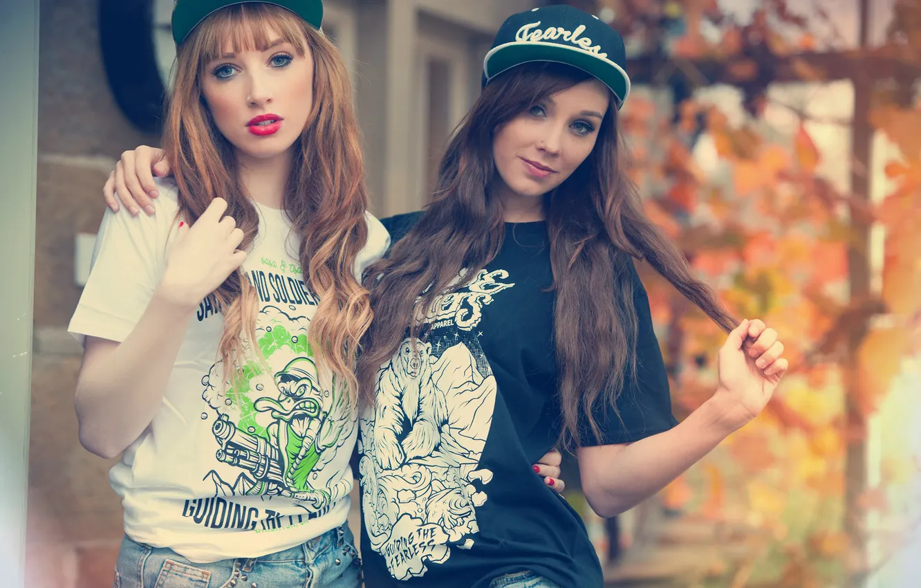 Photo wallpaper girl, pose, model, two, portrait, jeans, baseball cap, bokeh