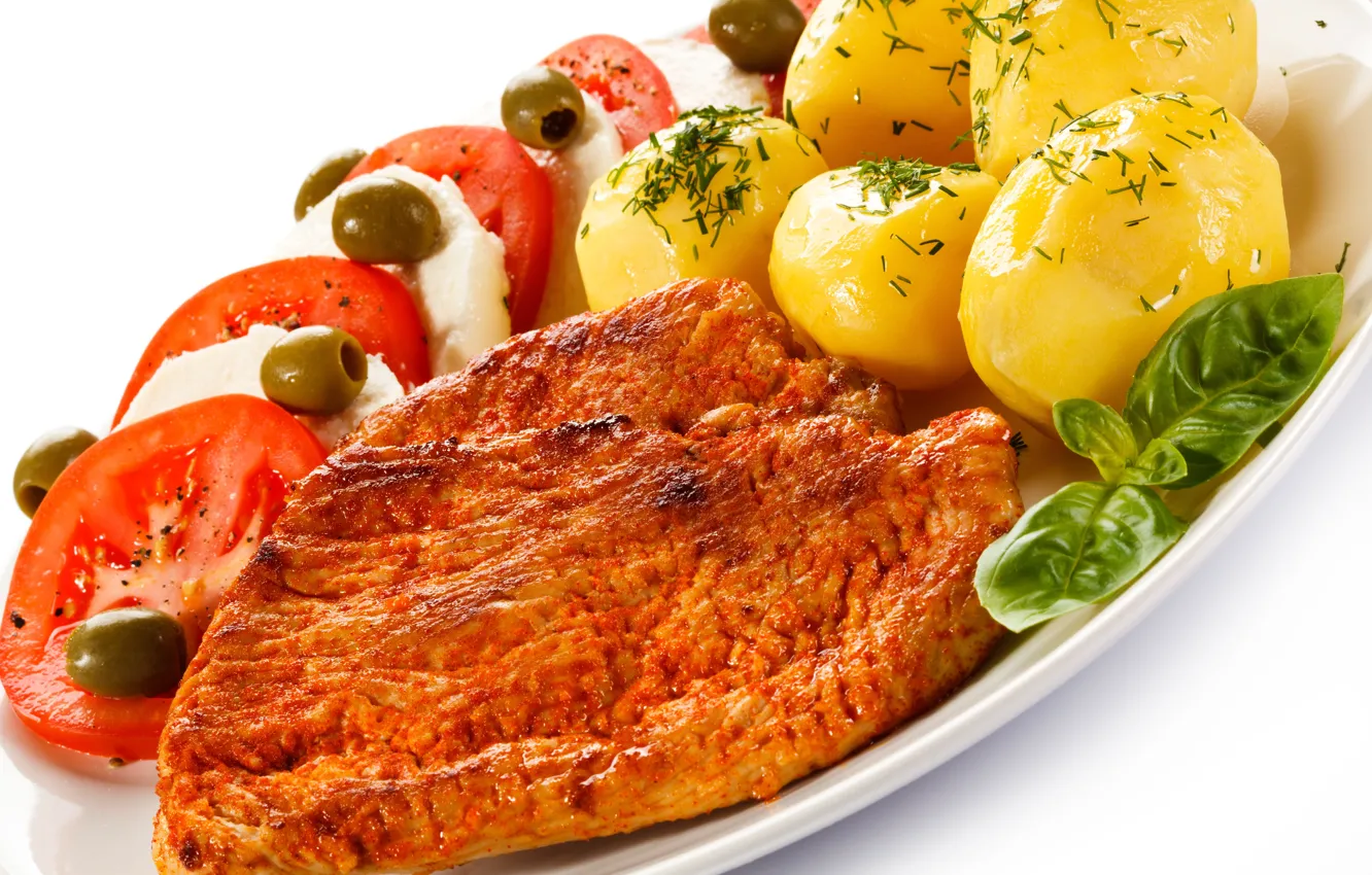 Photo wallpaper meat, vegetables, tomatoes, olives, cheese, potatoes, meat, tomato