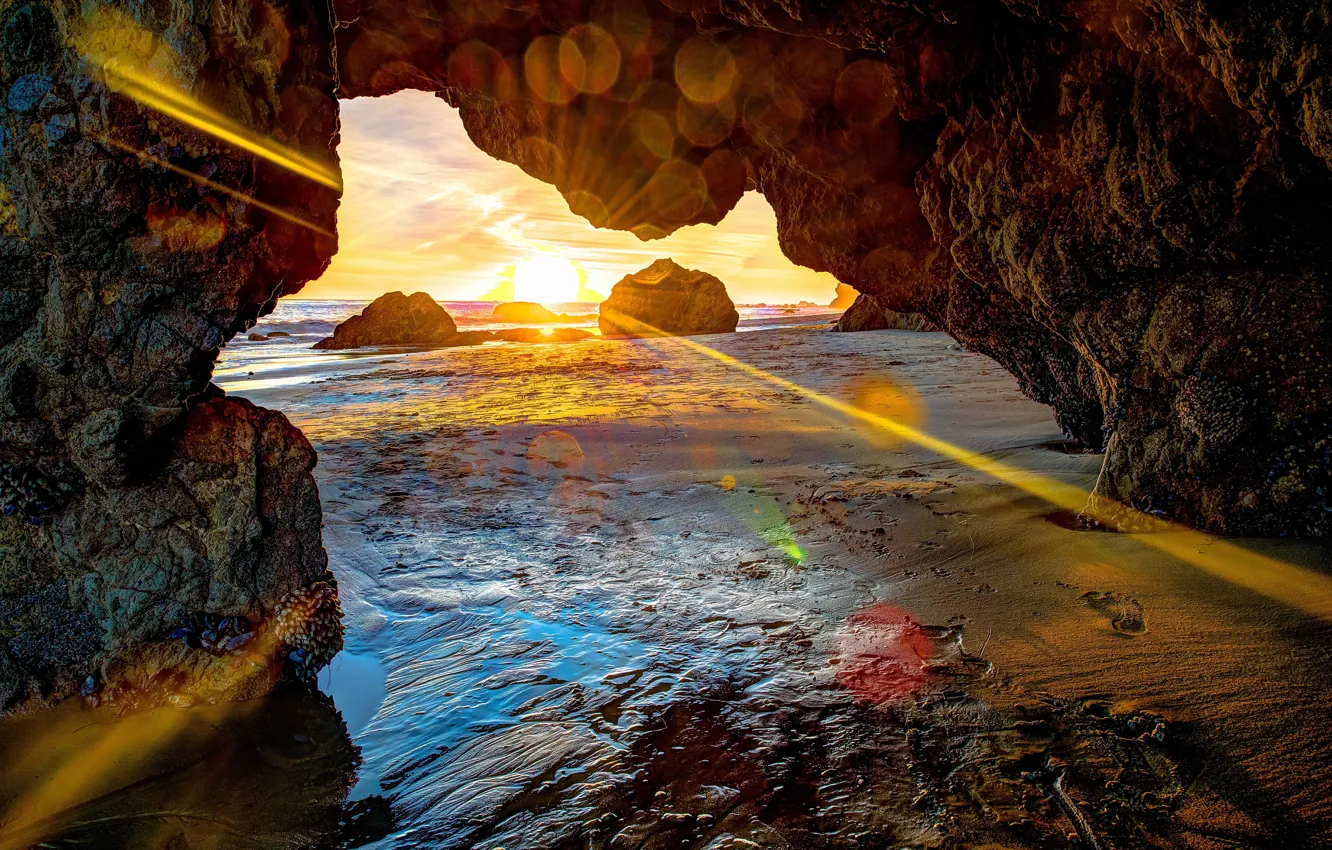 Photo wallpaper sea, the sun, rays, landscape, sunset, stones, rocks, shore