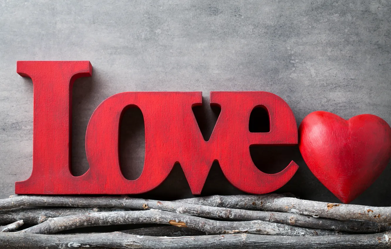 Photo wallpaper love, branches, heart, red, love, heart, wood, romantic