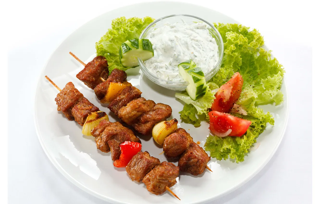Photo wallpaper meat, tomatoes, sauce, kebab