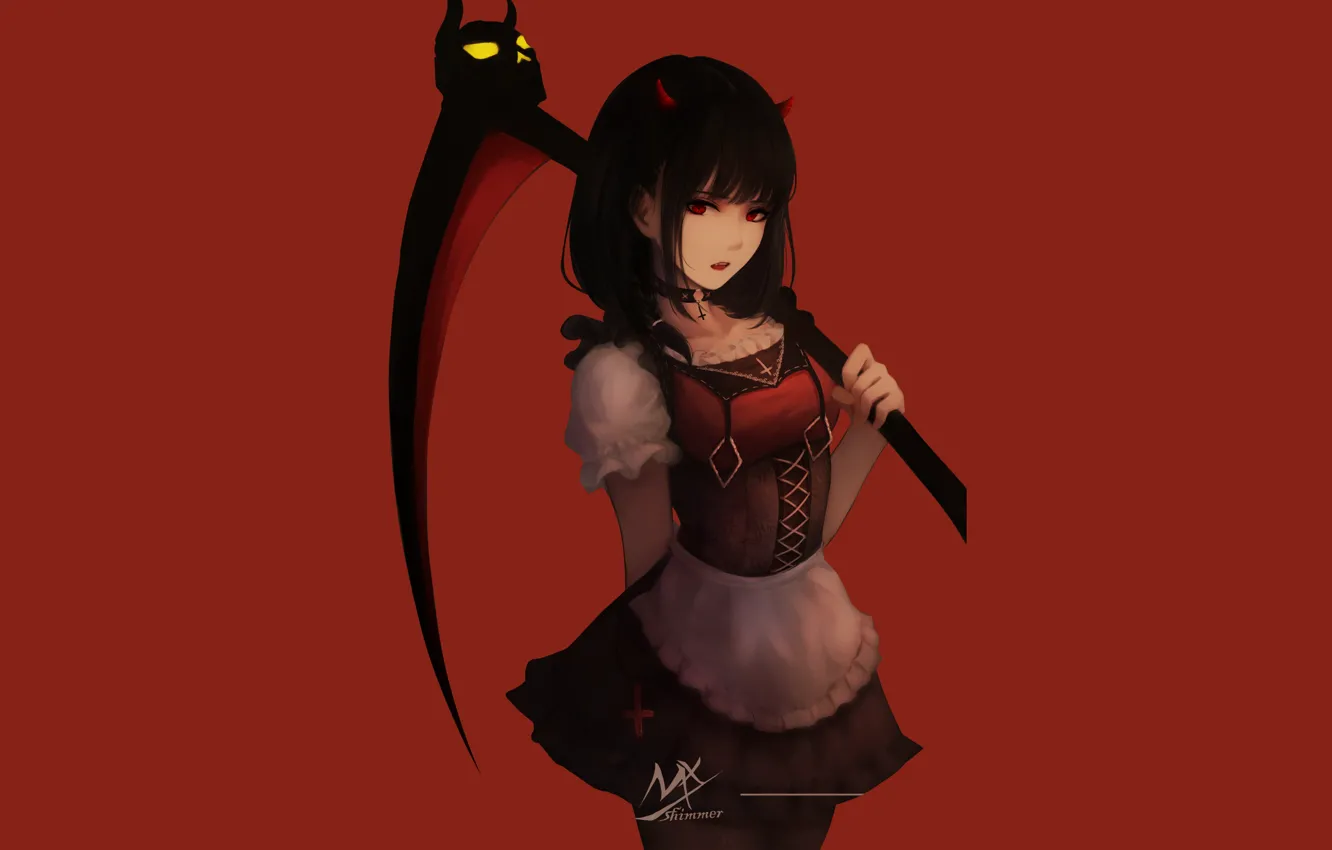 Photo wallpaper dress, anime, red eyes, short hair, digital art, artwork, black hair, maid