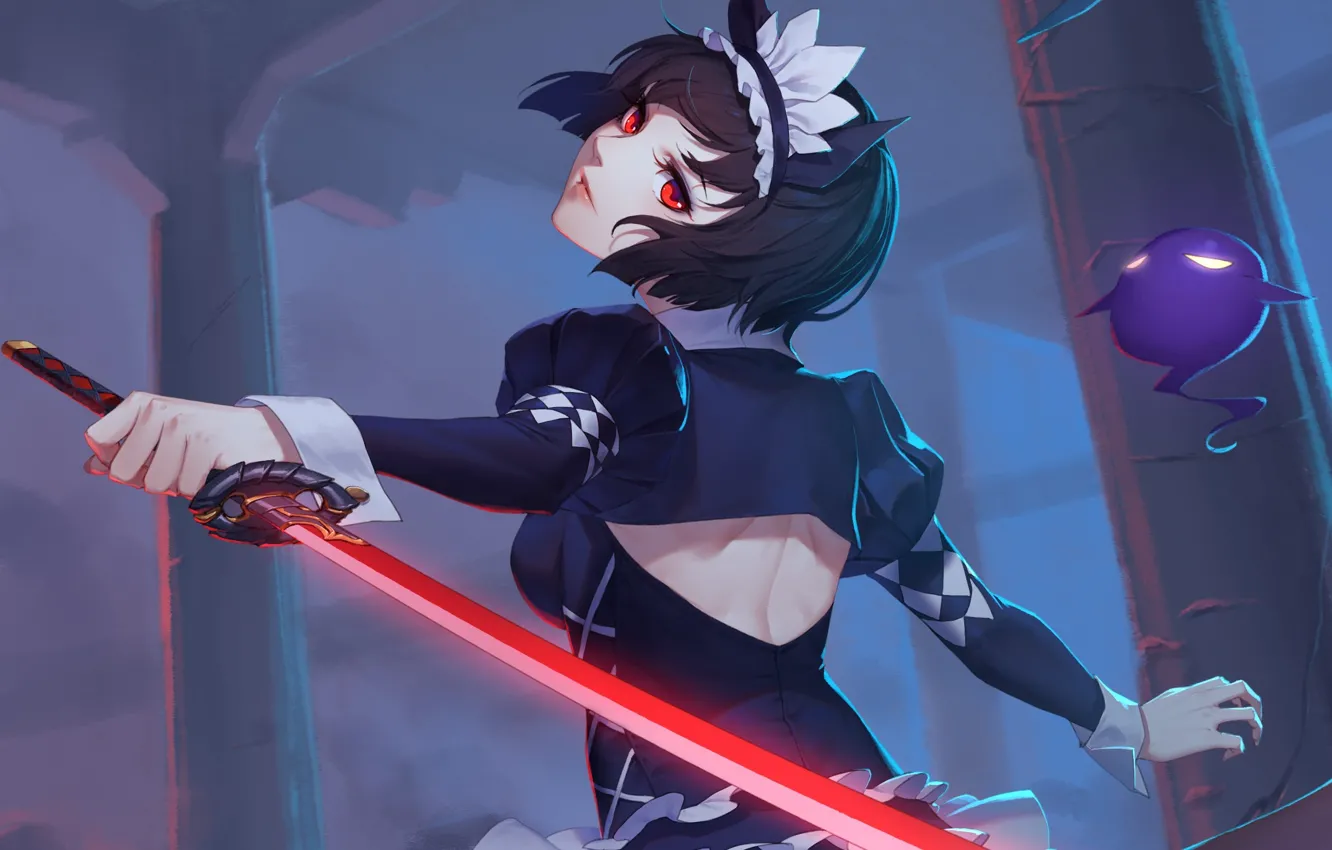 Photo wallpaper anime, thank star, art, girl, sword, look