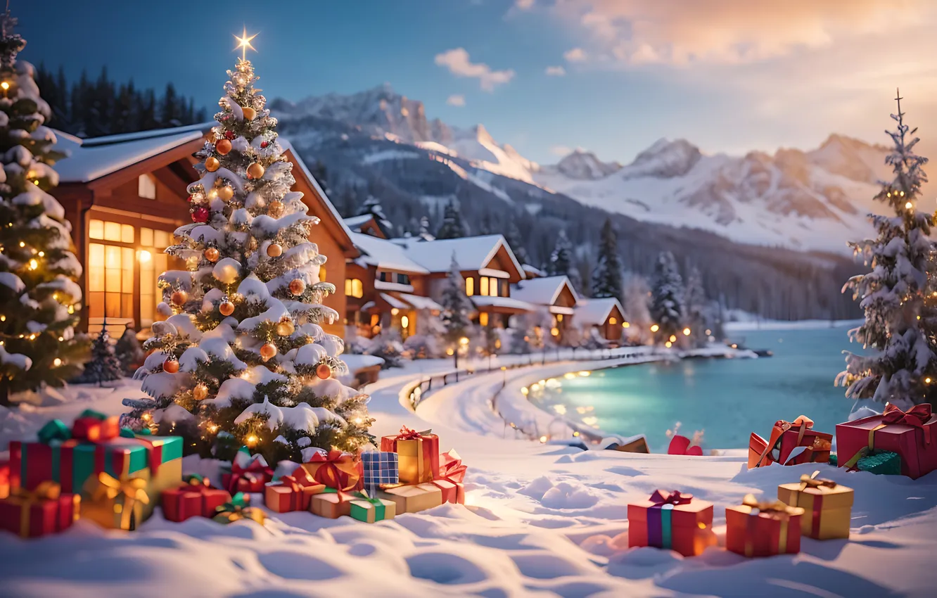 Photo wallpaper winter, snow, decoration, mountains, city, the city, lake, street