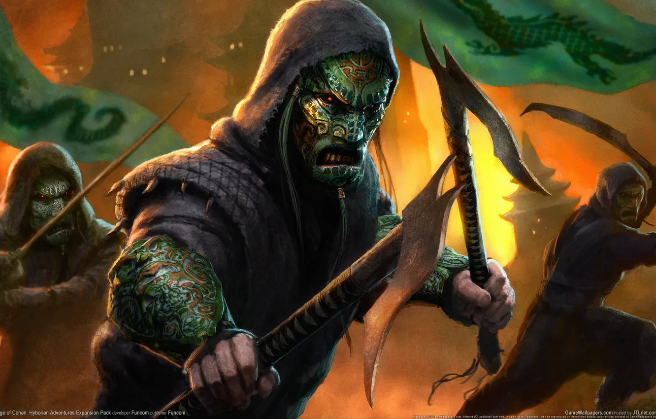 Photo wallpaper weapons, war, hood, snakes, banner, lizards, Hyborian Adventures Expansion Pack, Age Of Conan