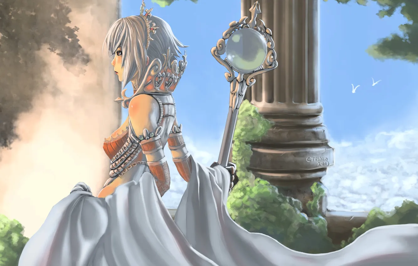 Photo wallpaper the sky, girl, clouds, dress, art, columns, staff, Palace