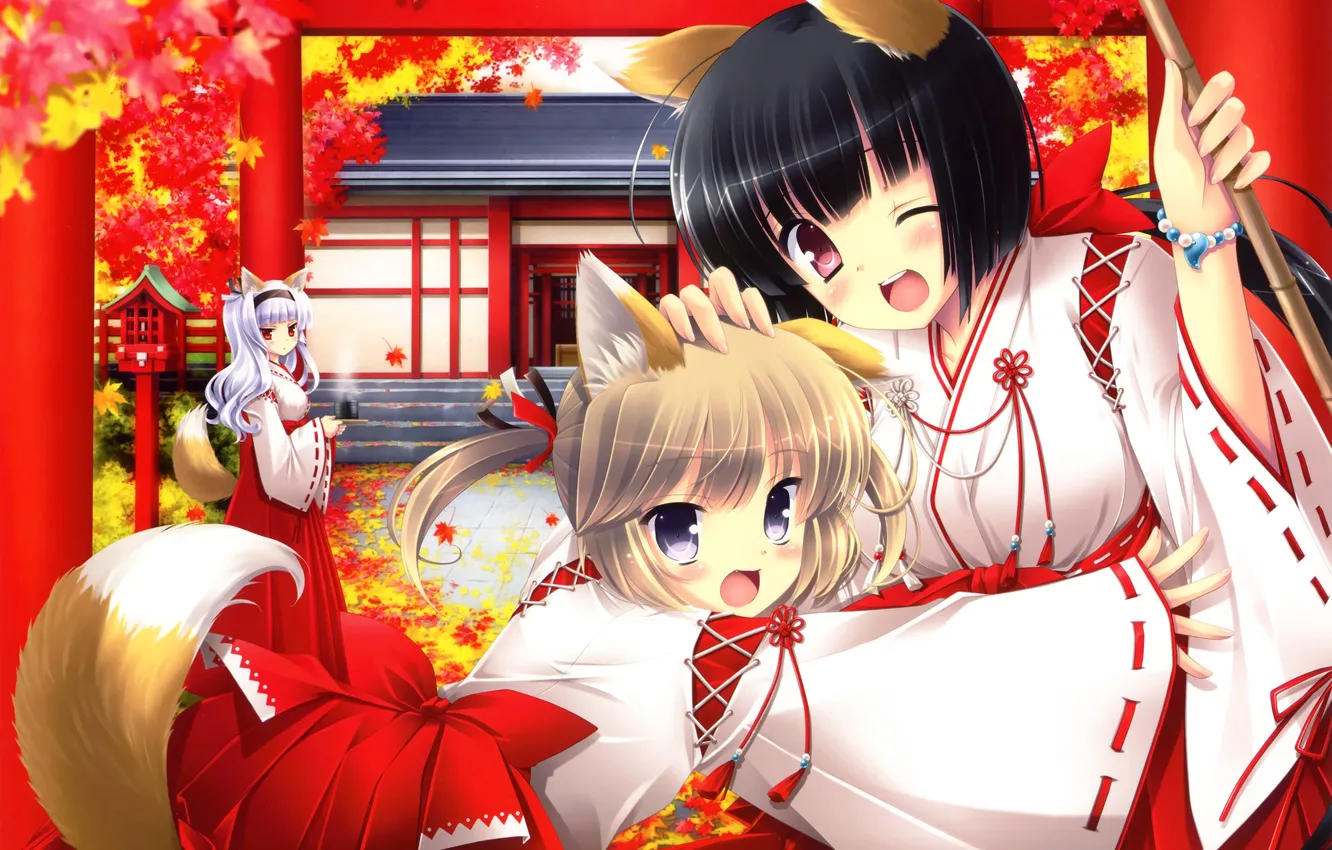 Photo wallpaper autumn, leaves, girl, tea, anime, art, pair, tail