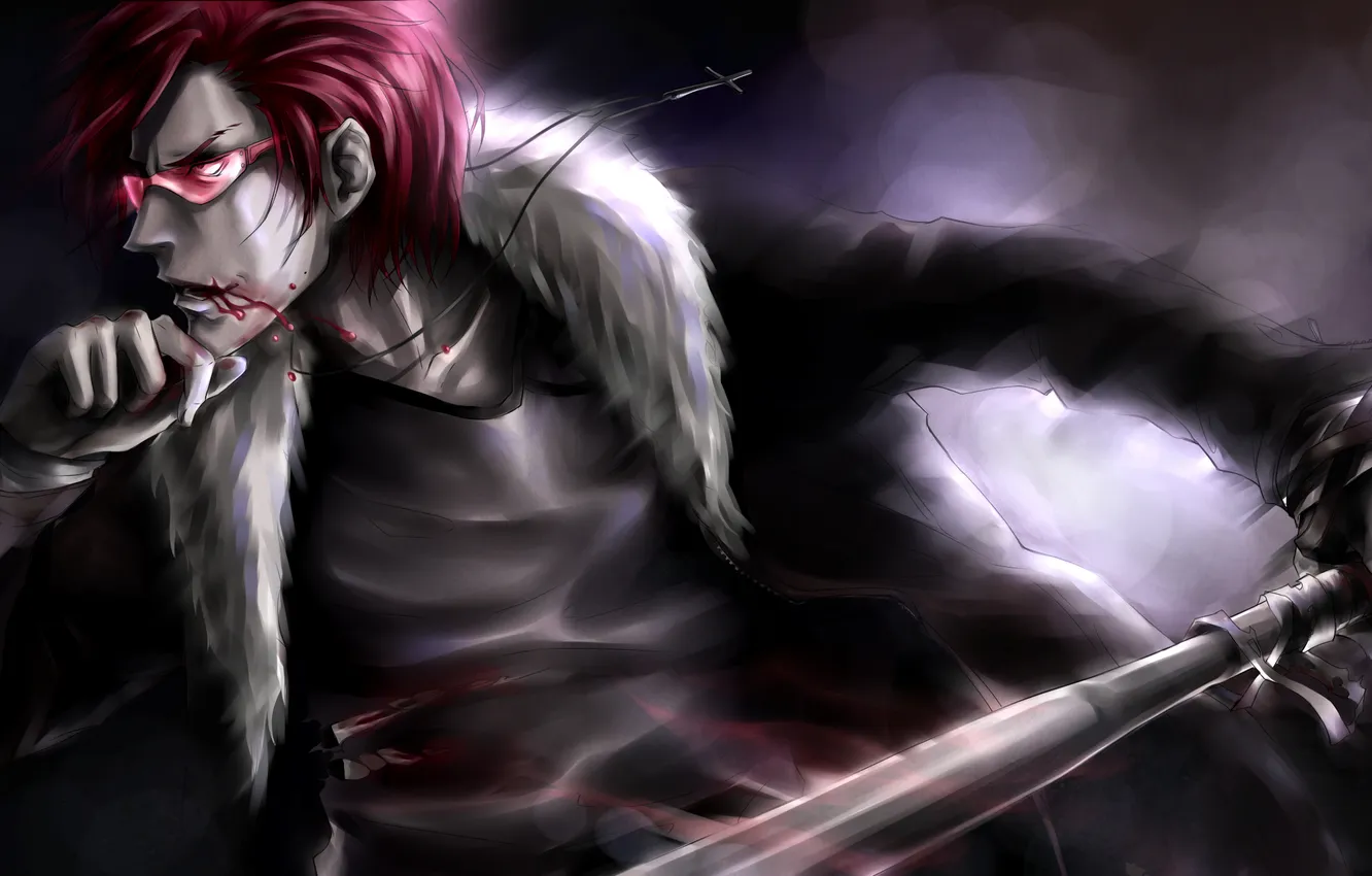 Photo wallpaper blood, sword, art, glasses, guy, cross