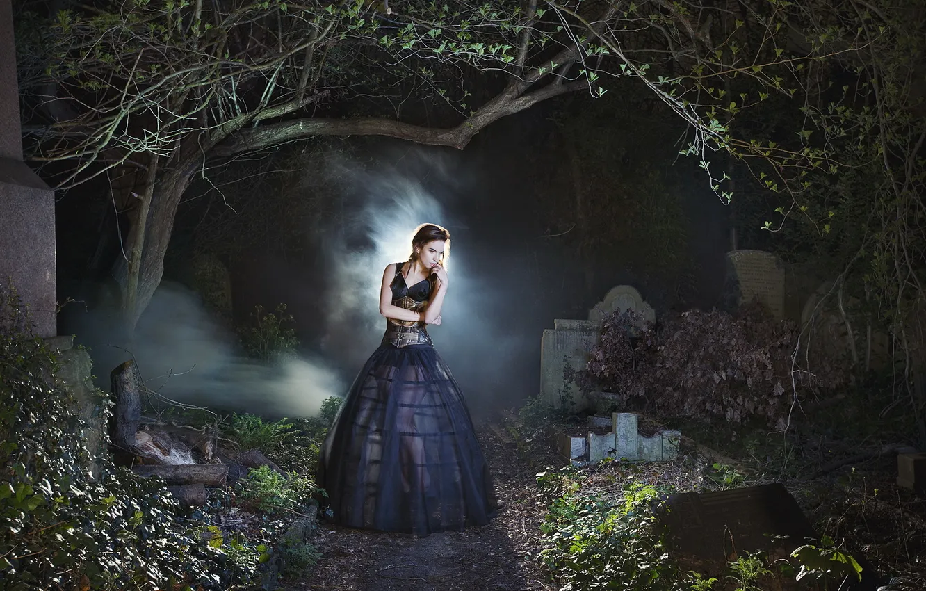 Photo wallpaper girl, night, cemetery