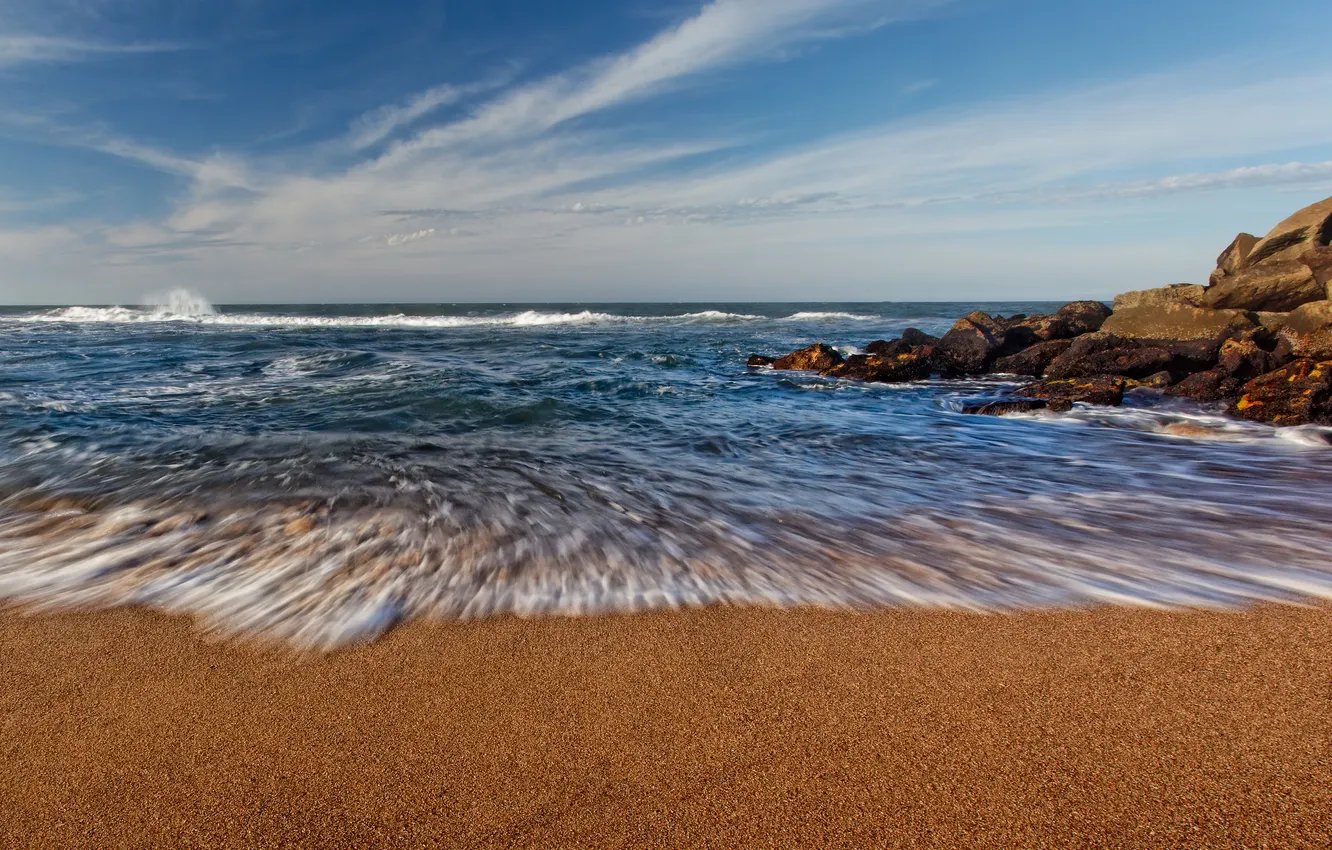 Photo wallpaper wave, beach, the sky, clouds, stones, the ocean, horizon, Atlantic
