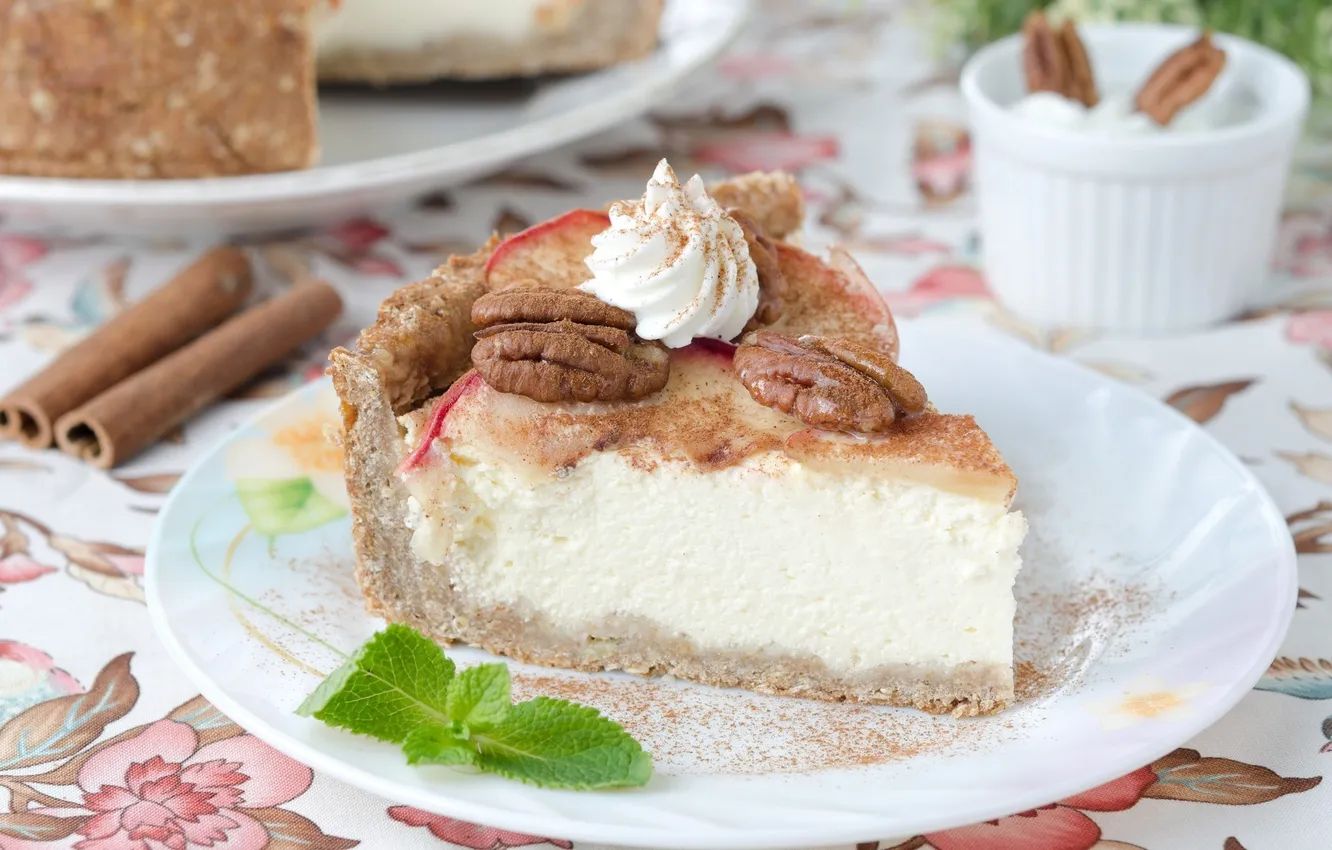 Photo wallpaper apples, cream, plate, pie, cake, nuts, cinnamon, mint