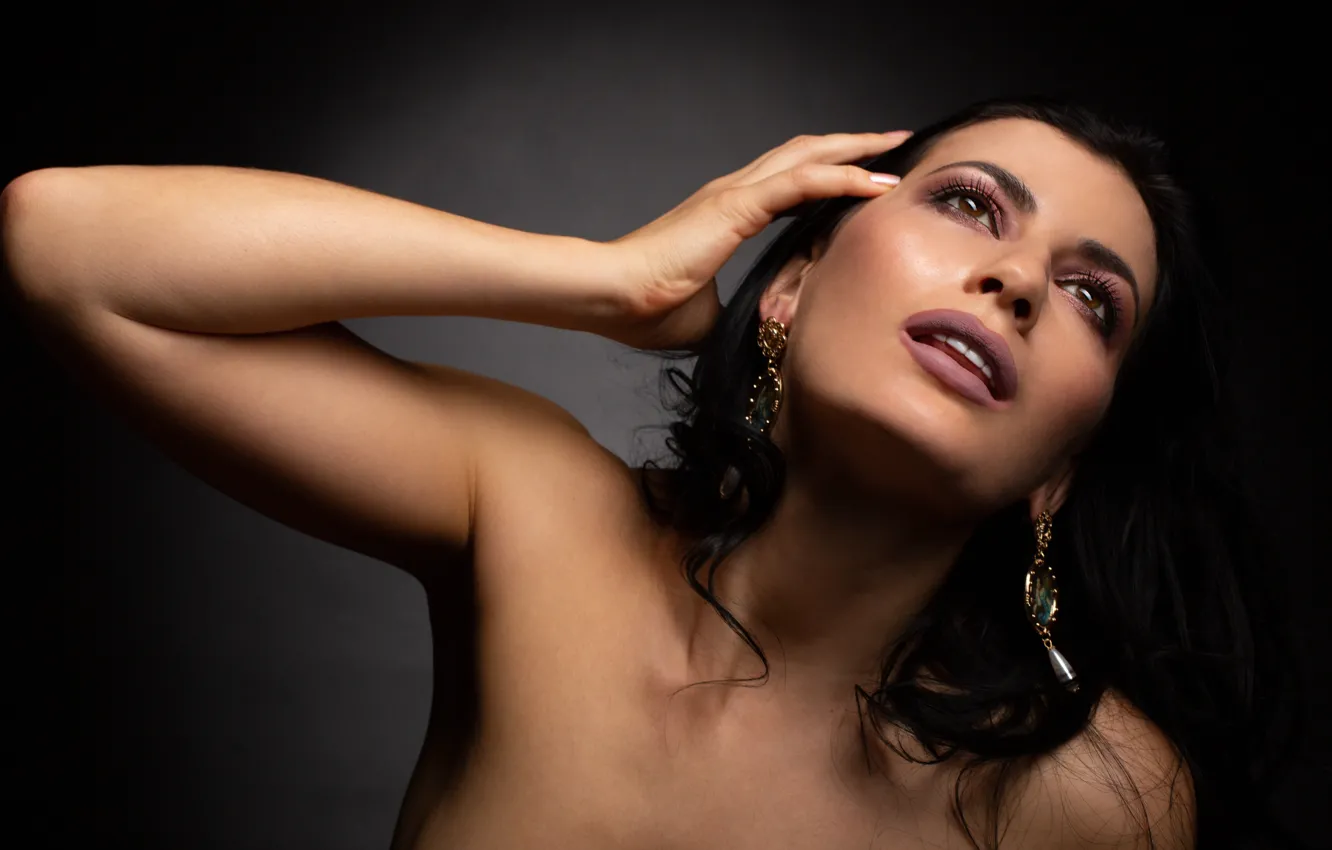 Photo wallpaper pose, the dark background, earrings, gesture, brown eyes, brown eyes, pose, earrings